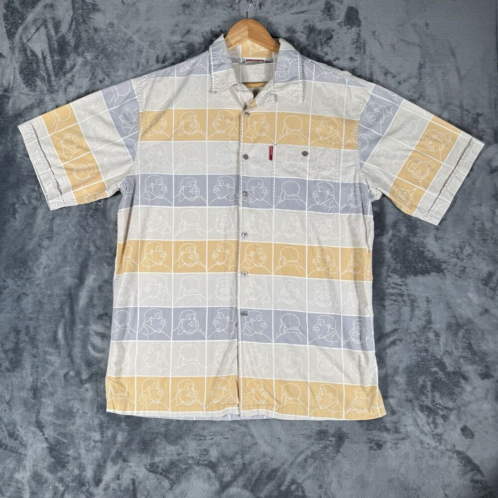 VTG Fubu Platinum Sz M Fat Albert Button Up Shirt Tan Y2k All Over Print AS IS